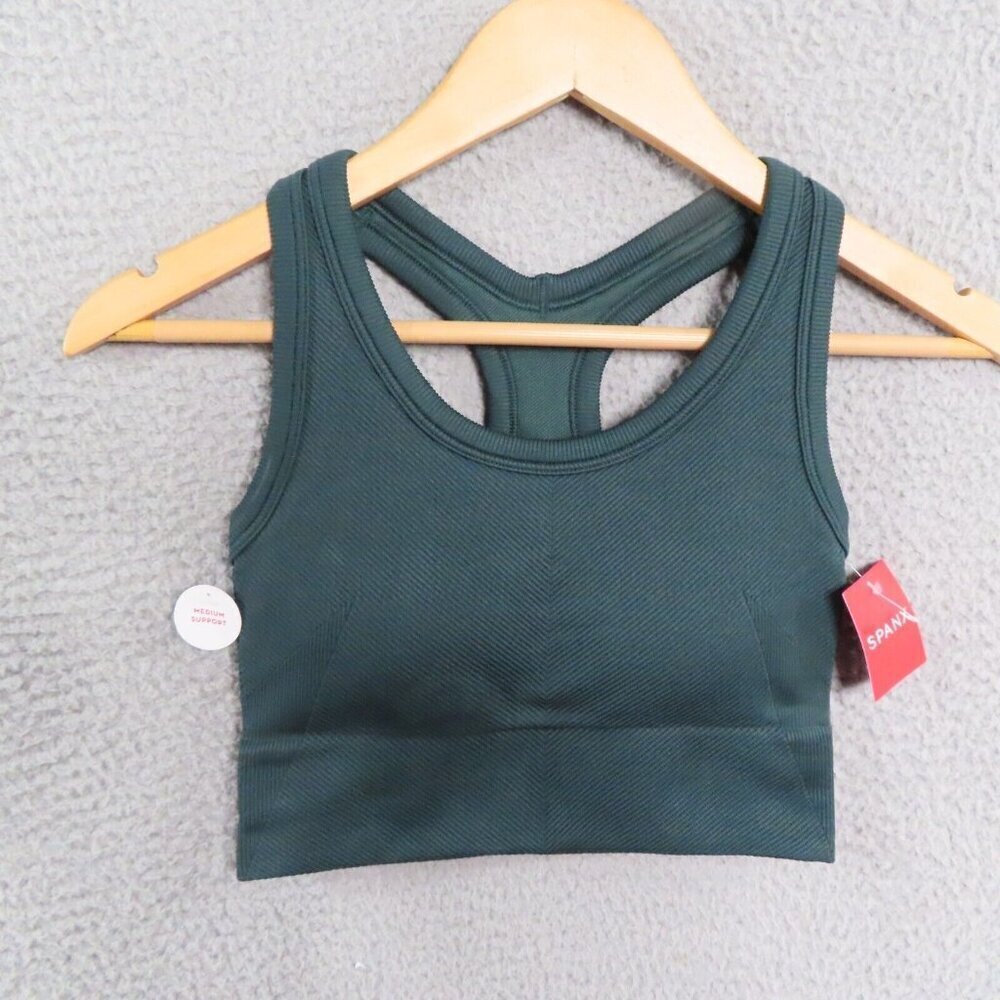 Spanx Bra Women XS Medium Support Seamless Rib Sports Bra Dark Emerald Green NEW